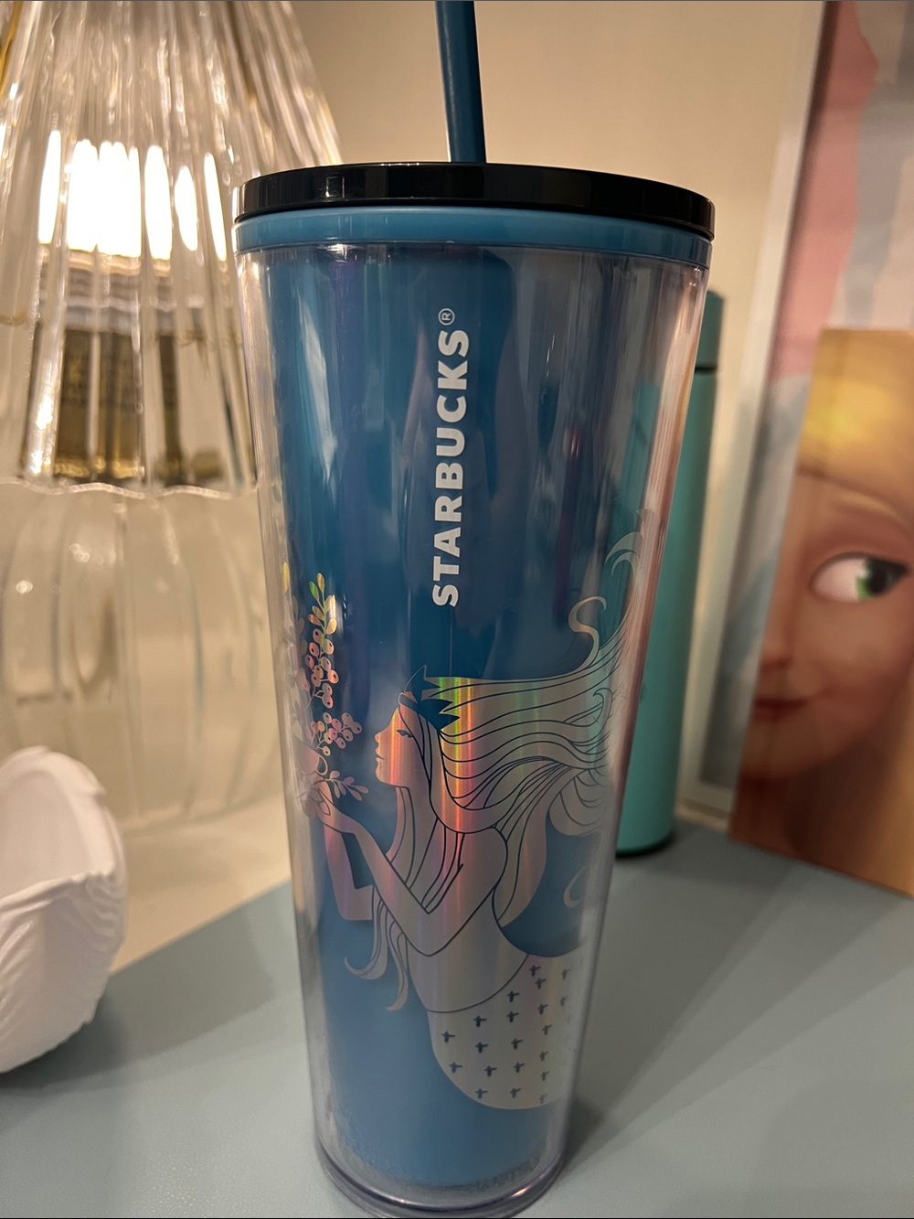 Starbucks Blue Iridescent Mermaid Travel Cup with Black Lid